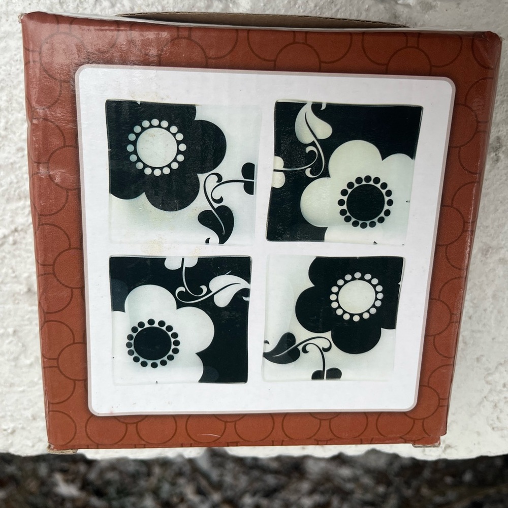 Black and white flower square salad plates new in box